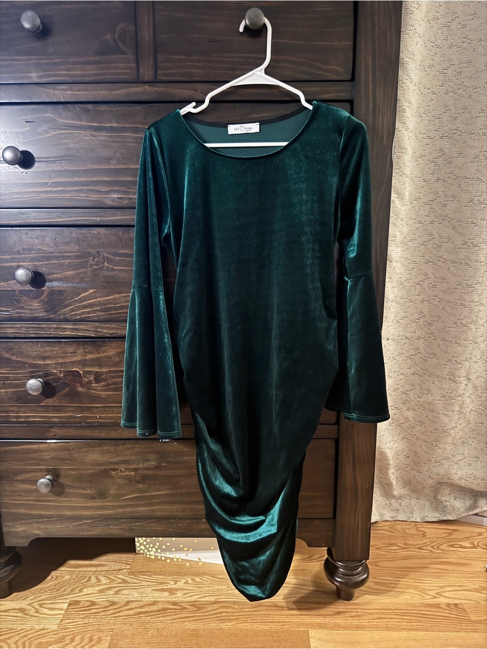 Pinkblush Forest Green Velvet Ruched Bell Sleeve Maternity Dress